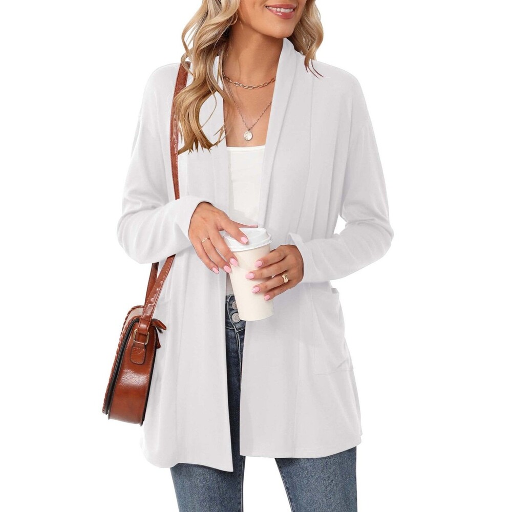 Micoson Women's Open Front Cardigan M White Long Sleeve Lightweight Pockets